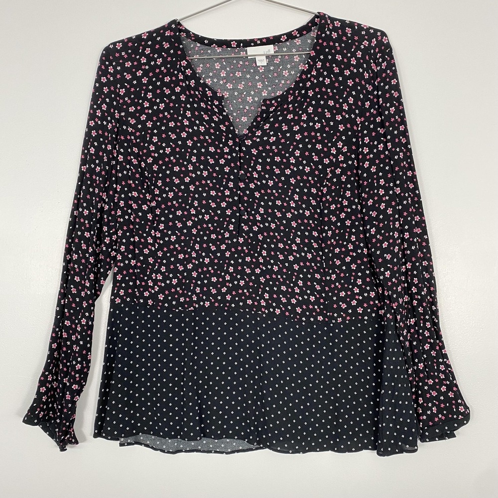 J Jill Shirt Womens Large‎ Black Floral Polka Dot V Neck Long Sleeve Rayon Boho